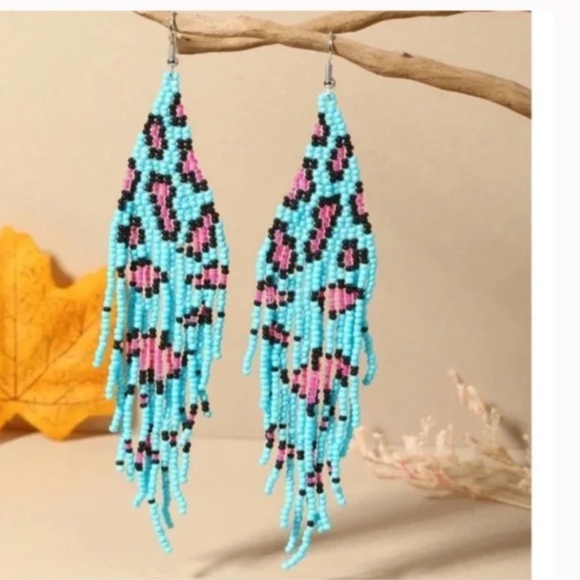 ❤️❤️ FREE Leopard Neon Tassel Cheetah Fringe Beaded Hipster Hippie Chic Earrings - Picture 4 of 4